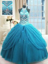 Deluxe Floor Length Ball Gowns Sleeveless Baby Blue Quinceanera Dresses Lace Up