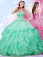  Sleeveless Organza Floor Length Lace Up Ball Gown Prom Dress in Apple Green with Beading and Ruffles