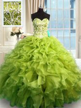 Classical Organza Sweetheart Sleeveless Lace Up Beading and Ruffles Quinceanera Gowns in Olive Green