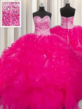 Artistic Visible Boning Beaded Bodice Hot Pink Sweetheart Neckline Beading and Ruffles Quinceanera Gown Sleeveless Lace Up