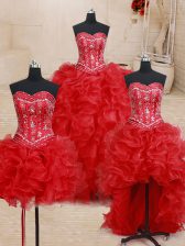 Excellent Four Piece Beading and Ruffles Quinceanera Gown Red Lace Up Sleeveless Floor Length