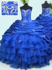 Cheap Pick Ups Ruffled With Train Ball Gowns Sleeveless Royal Blue Quinceanera Dresses Court Train Lace Up