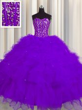 Trendy Visible Boning Purple Sweetheart Lace Up Beading and Ruffles and Sequins Quinceanera Gowns Sleeveless