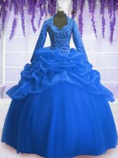  Blue Organza Zipper Quinceanera Dresses Long Sleeves Floor Length Sequins and Pick Ups