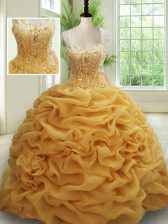 Sumptuous Gold Ball Gowns Organza Straps Sleeveless Beading and Pick Ups With Train Zipper Quince Ball Gowns Brush Train