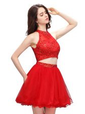  Coral Red Zipper High-neck Beading Homecoming Dress Organza Sleeveless