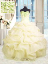 Custom Designed Organza Sweetheart Sleeveless Lace Up Beading and Ruffles Sweet 16 Quinceanera Dress in Light Yellow