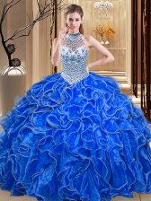  Ball Gowns Quinceanera Dresses Royal Blue Halter Top Organza Sleeveless Floor Length Lace Up