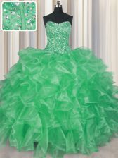 Amazing Visible Boning Apple Green Organza Lace Up Strapless Sleeveless Floor Length Quinceanera Dress Beading and Ruffles