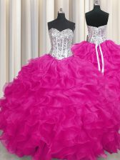  Fuchsia Ball Gowns Beading and Ruffles Ball Gown Prom Dress Lace Up Organza Sleeveless