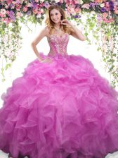 Modern Lilac Ball Gowns Beading and Ruffles Quinceanera Gown Lace Up Organza Sleeveless Floor Length