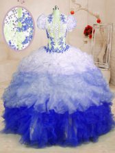  Sweetheart Sleeveless Organza Quince Ball Gowns Beading and Appliques and Ruffles Brush Train Lace Up