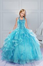  Halter Top Floor Length Lace Up Kids Pageant Dress Aqua Blue for Military Ball and Sweet 16 and Quinceanera with Beading and Ruffles