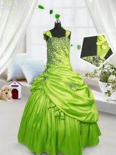  Sleeveless Satin Floor Length Lace Up Little Girl Pageant Dress in Yellow Green with Beading and Pick Ups