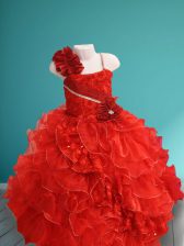  Sleeveless Beading and Ruffles and Hand Made Flower Lace Up Toddler Flower Girl Dress