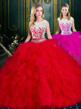 Nice Tulle Scoop Sleeveless Zipper Lace and Ruffles Quince Ball Gowns in Red