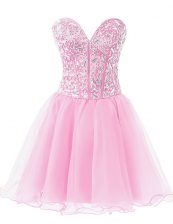 Inexpensive Sleeveless Chiffon Knee Length Lace Up Homecoming Dress in Rose Pink with Beading
