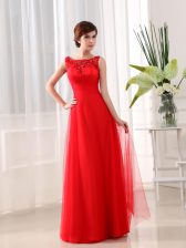  Scoop Sleeveless Floor Length Beading and Appliques Zipper Prom Party Dress with Coral Red