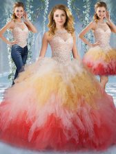 Sophisticated Halter Top Sleeveless 15 Quinceanera Dress Floor Length Beading and Ruffles Multi-color Tulle