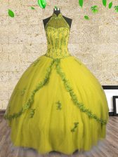  Halter Top Beading Sweet 16 Quinceanera Dress Yellow Lace Up Sleeveless Floor Length