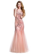 Dynamic Mermaid V-neck Sleeveless Prom Dress Floor Length Beading Peach Tulle