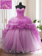 Organza Sleeveless With Train Quinceanera Dresses Sweep Train and Beading and Ruffled Layers