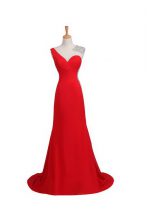  One Shoulder Coral Red Sleeveless Beading Backless Prom Dresses