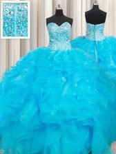  Beading and Ruffles Ball Gown Prom Dress Baby Blue Lace Up Sleeveless Floor Length