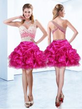 Eye-catching One Shoulder Fuchsia Sleeveless Knee Length Beading and Ruffles and Pick Ups Criss Cross Dress for Prom
