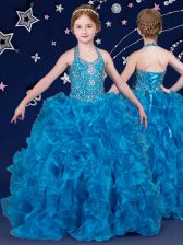  Halter Top Floor Length Lace Up Little Girls Pageant Dress Wholesale Blue for Quinceanera and Wedding Party with Beading and Ruffles