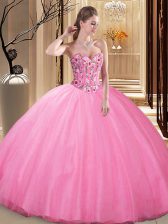  Rose Pink Lace Up Sweetheart Embroidery Quince Ball Gowns Tulle Sleeveless