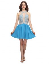 Luxury Scoop Sleeveless Mini Length Beading Zipper Prom Dresses with Baby Blue