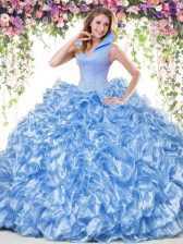 Exceptional Blue Organza Backless Ball Gown Prom Dress Sleeveless Floor Length Beading and Ruffles