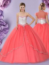  Watermelon Red Tulle Lace Up Sweetheart Sleeveless Floor Length Sweet 16 Dress Beading