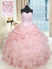  Organza Sweetheart Sleeveless Lace Up Beading and Ruffles and Pick Ups Quinceanera Dress in Baby Pink