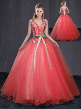  V-neck Sleeveless Sweet 16 Dresses Floor Length Appliques and Belt Coral Red Tulle