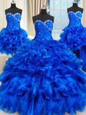 Spectacular Four Piece Royal Blue Lace Up Sweetheart Beading and Ruffles Quinceanera Dresses Organza Sleeveless