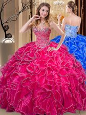  Hot Pink Sleeveless Floor Length Beading and Ruffles Lace Up Vestidos de Quinceanera