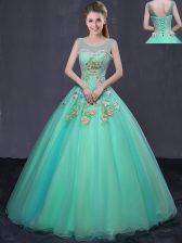 Noble Scoop Sleeveless Lace Up Floor Length Beading and Appliques 15th Birthday Dress