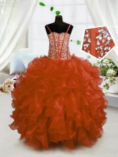  Spaghetti Straps Sleeveless Little Girl Pageant Dress Floor Length Beading and Ruffles Rust Red Organza