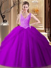 Fashion Floor Length Backless Vestidos de Quinceanera Purple for Military Ball and Sweet 16 and Quinceanera with Appliques and Pick Ups
