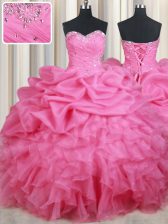 New Arrival Rose Pink Lace Up Sweetheart Beading and Ruffles and Pick Ups Quinceanera Gown Organza Sleeveless