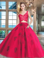 Cheap Floor Length Two Pieces Sleeveless Red Quince Ball Gowns Zipper