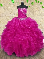 Smart Floor Length Fuchsia Quince Ball Gowns Organza Sleeveless Beading and Ruffles and Ruching