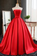  Pleated Red Homecoming Dress Strapless Sleeveless Sweep Train Lace Up