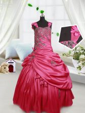 Exquisite Straps Sleeveless Taffeta Floor Length Lace Up Kids Pageant Dress in Hot Pink with Beading and Appliques and Pick Ups