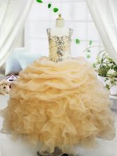 Customized Organza Sleeveless Floor Length Teens Party Dress and Beading and Ruffles and Pick Ups