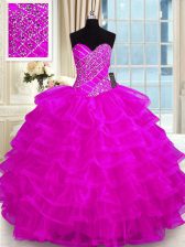 Fine Organza Sleeveless Floor Length Sweet 16 Dress and Beading and Ruffled Layers