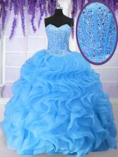 Perfect Organza Sweetheart Sleeveless Lace Up Beading and Ruffles Ball Gown Prom Dress in Baby Blue