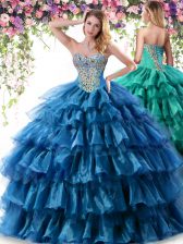 Fashionable Sleeveless Organza Floor Length Lace Up Quinceanera Gowns in Teal with Beading and Ruffled Layers
